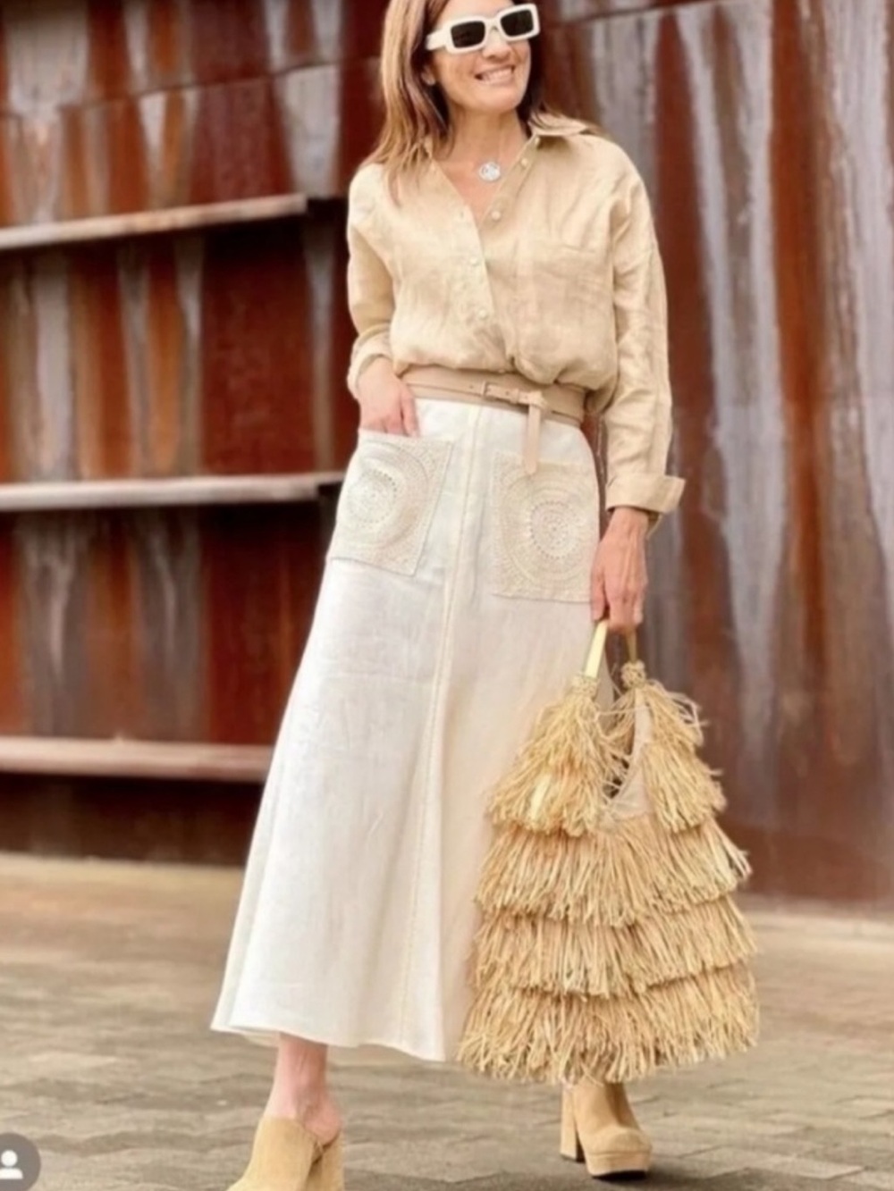 Zara Cream Maxi Skirt with Front Patch Detail